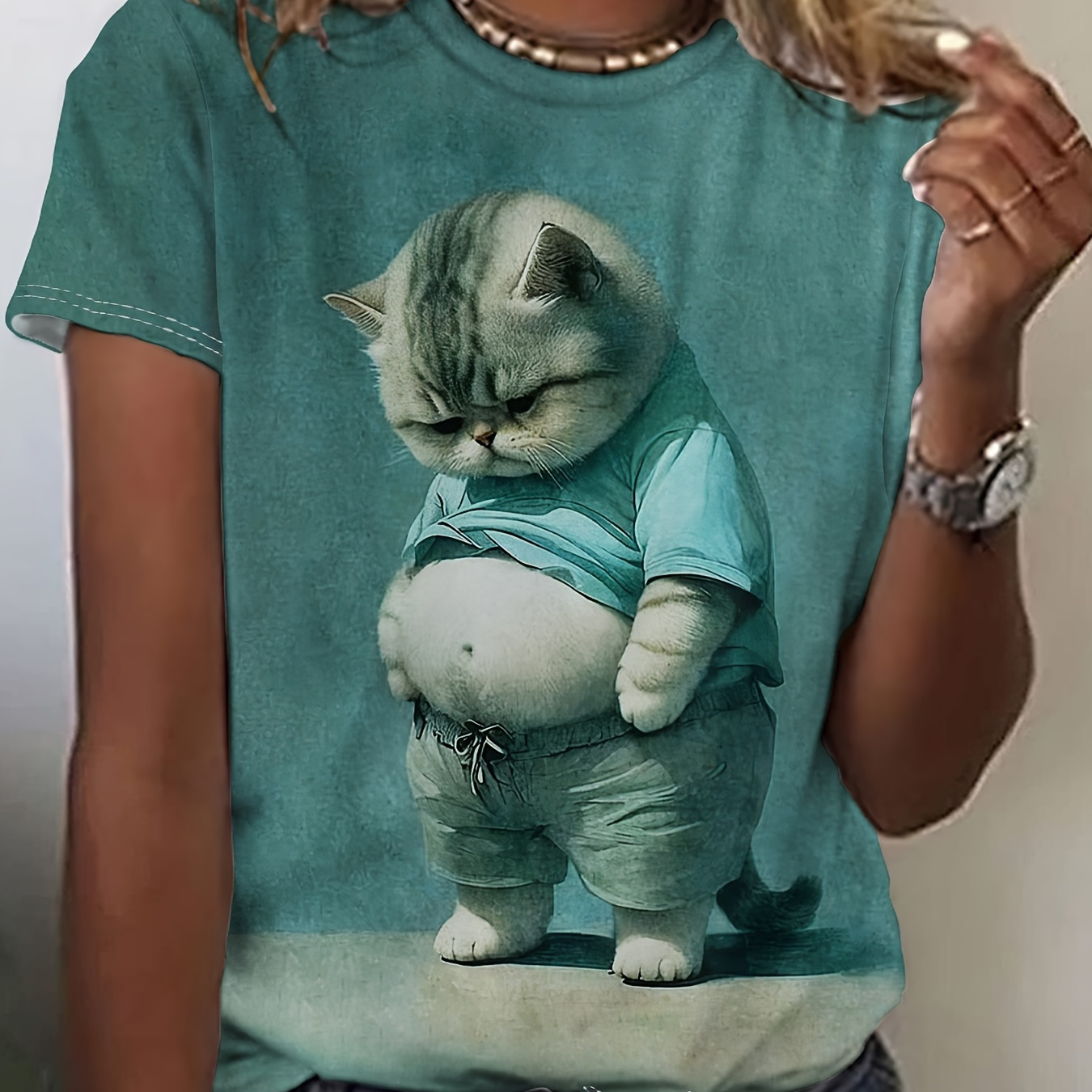 

Cat Print Crew Neck T-shirt, Short Sleeve Casual Top For Summer & Spring, Women's Clothing