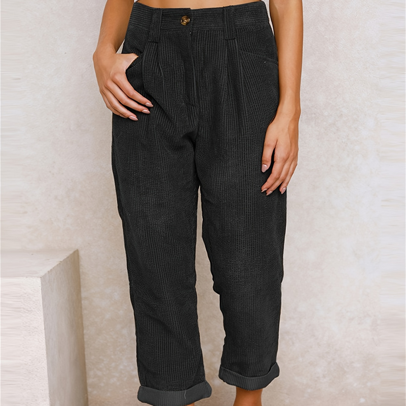 

Pantalon en Taille - Unie Décontractée, Droite Poches, Lavable en