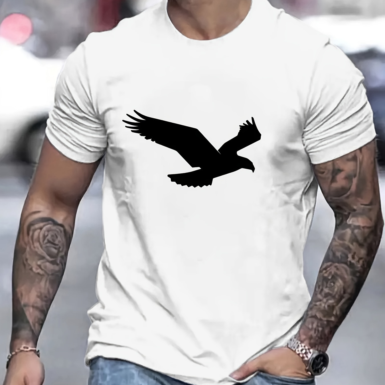 

Eagle Print Men's Short Sleeve T-shirts, Comfy Casual Breathable Tops For Men's Fitness Training, Jogging, Outdoor Activities