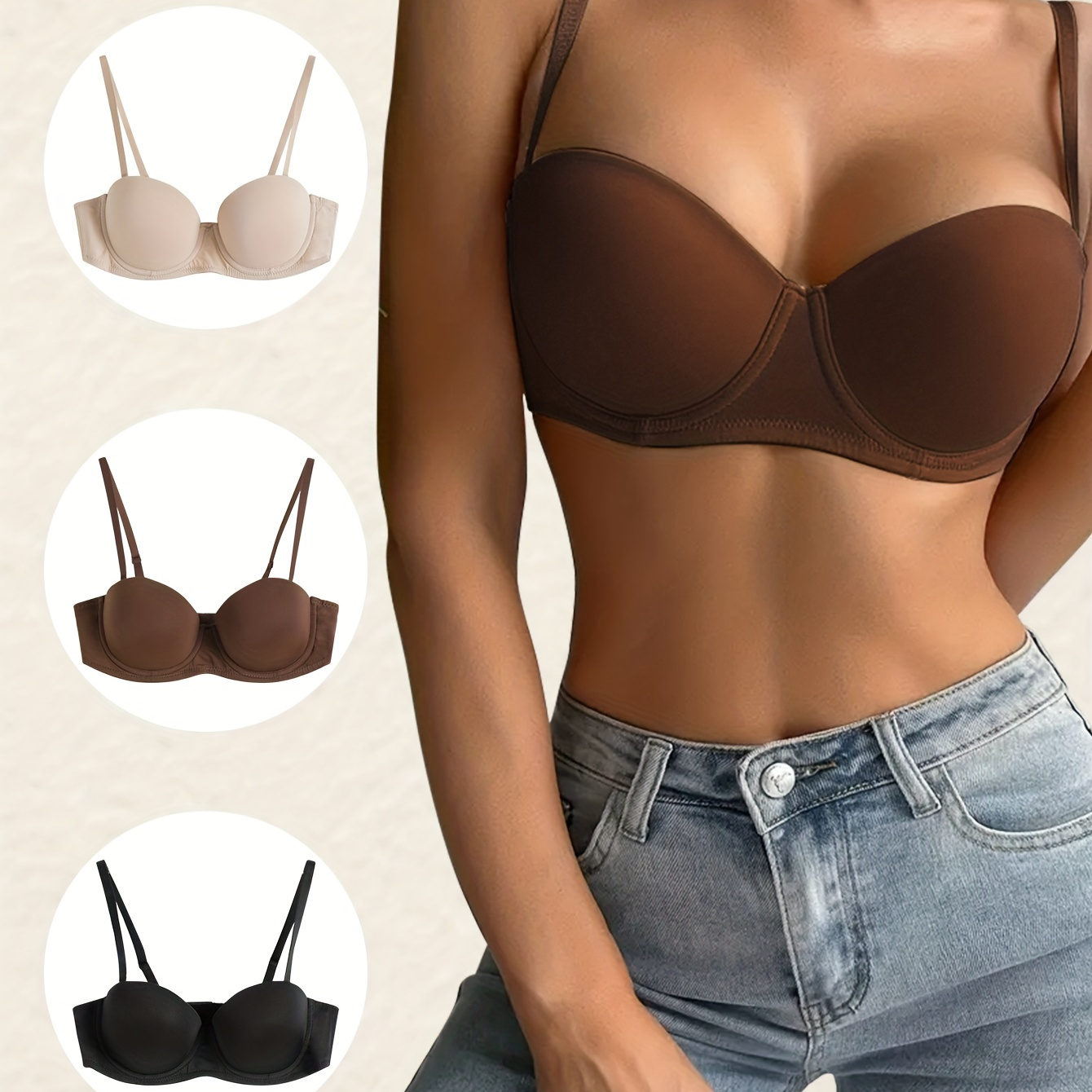 

3pcs Elegant Solid Balconette Bra, Seamless Half Cup Underwire Push Up Intimates Bra, Women's Lingerie & Underwear