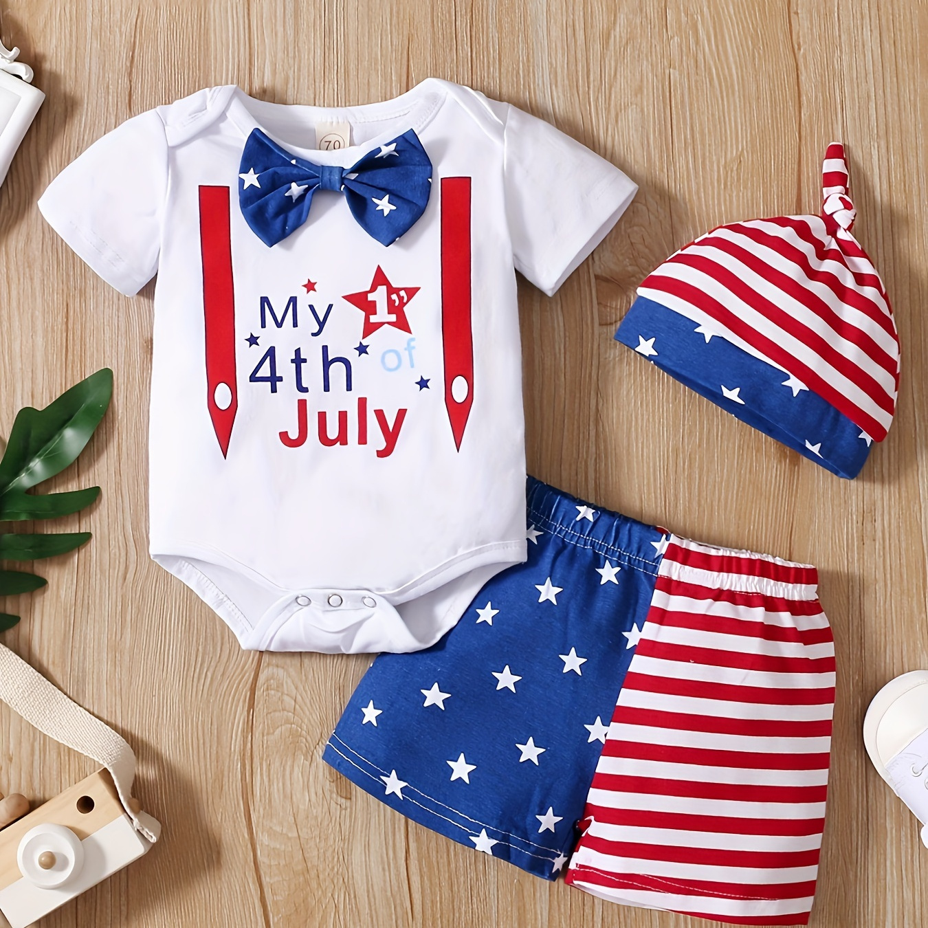 

2pcs Baby Boys' Summer 4th Of July Cotton Outfit Set, Cute Patriotic Letter Print Bodysuit With Striped Star Shorts And Matching Hat