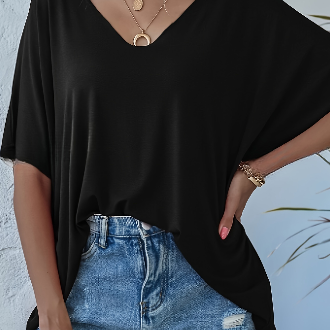 

Solid V Neck Loose T-shirt, Elegant Short Sleeve T-shirt For Spring & Summer, Women's Clothing