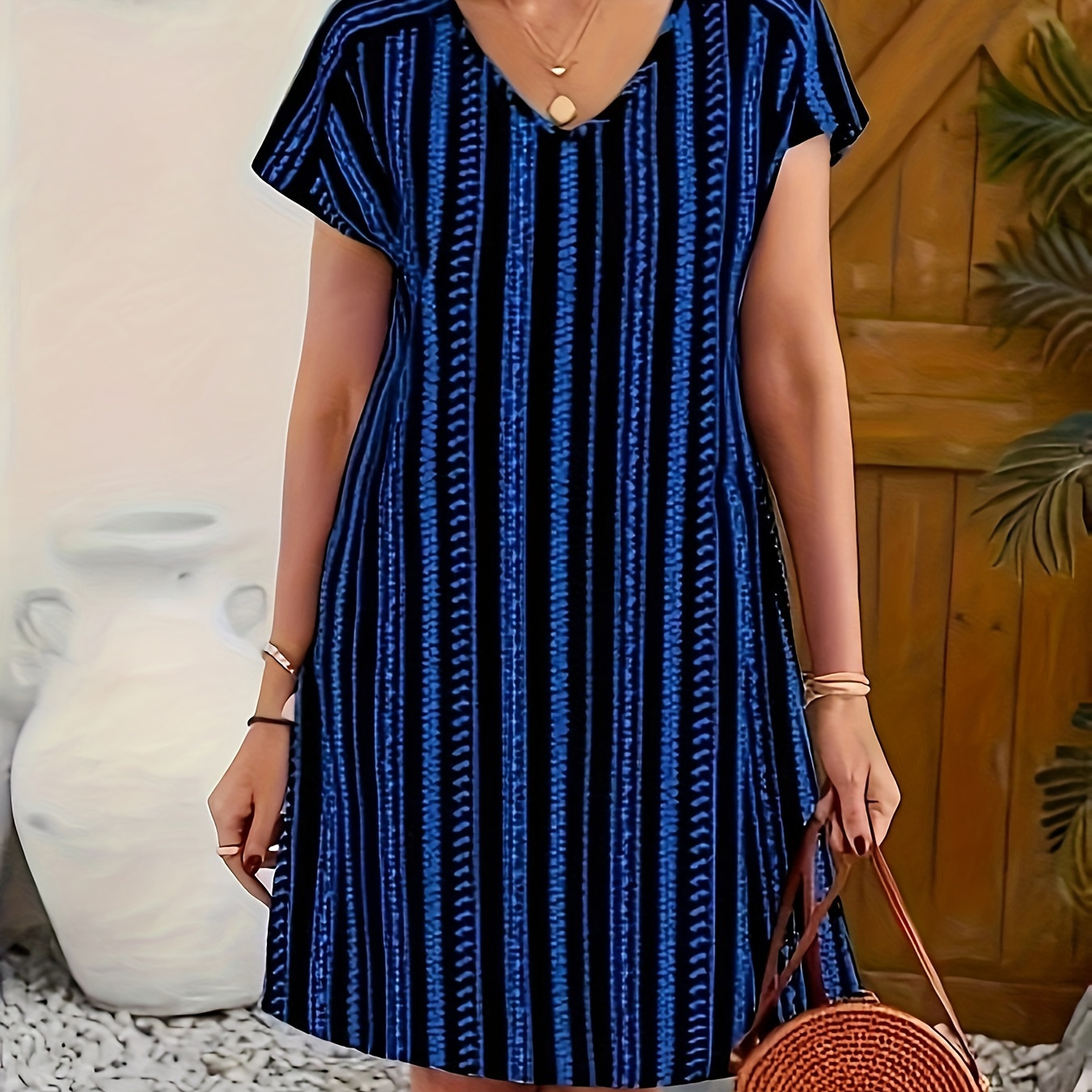 

Elegant V-neck Midi Dress With Striped Print - 100% Polyester, Short Regular Sleeves, Hem, Loose Silhouette, Woven Fabric For Spring/summer/fall - No Belt Or