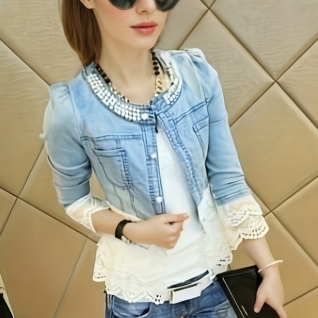 

Plus-size Ladies Top Pearl-collar Jacket