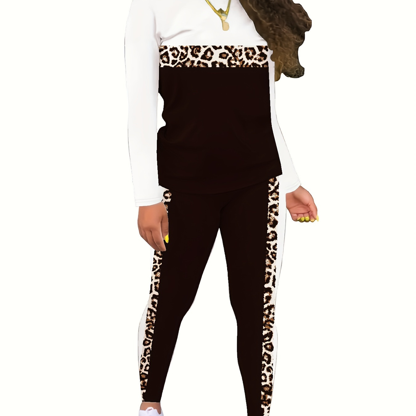 

Leopard Print Colorblock Two-piece Set, Casual Long Sleeve Top & Pants Outfits, Women's Clothing