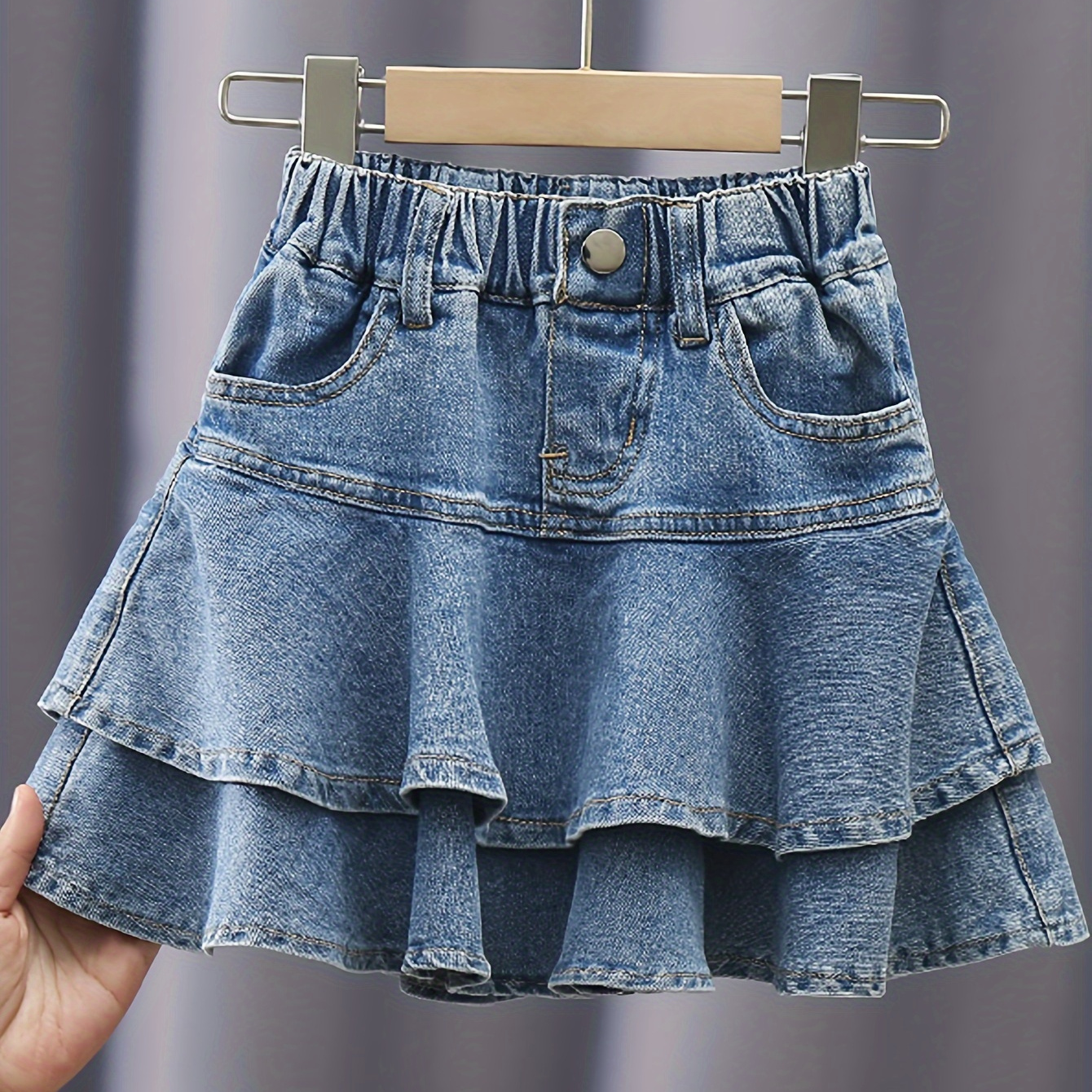 

Girls Cute Ruffle Layers Comfort Fit Short Length Fitted Denim Skirt Cute & Non-stretch