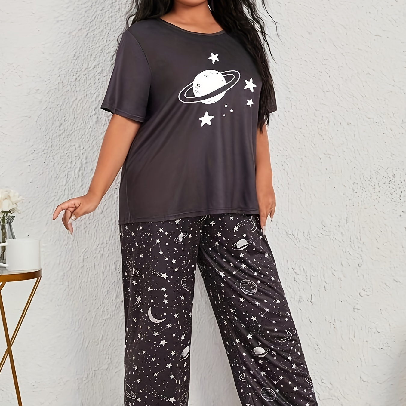 

Plus Size Cartoon Space Print Pajama Set, Polyester Knit Fabric With Stretch, Casual Crew Neck Short Sleeve Loungewear, 140g/m², For Sleepwear