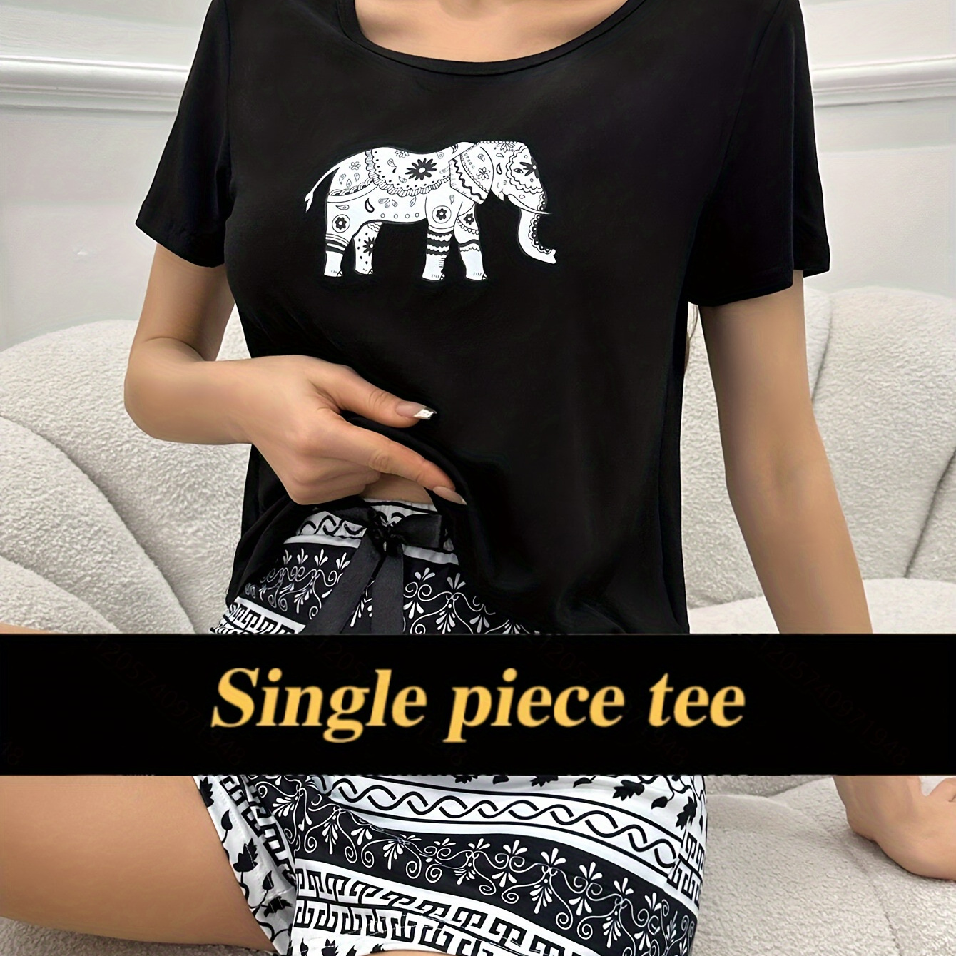 

Women's Casual Short Sleeve T-shirt Sleepwear, Comfortable Pajama Top With Elephant Print