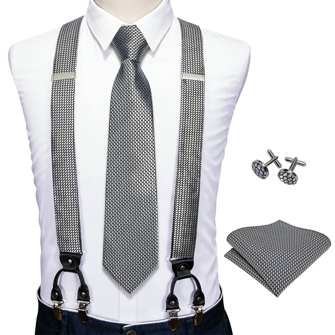 Black Jacquard New Wave Suspenders - Button - Suspender Store