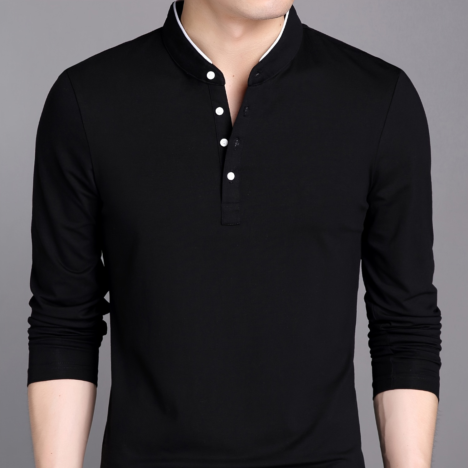 

Stylish Men's Spring Fall Comfy Stand Collar Top With Half Button, Gift For Men