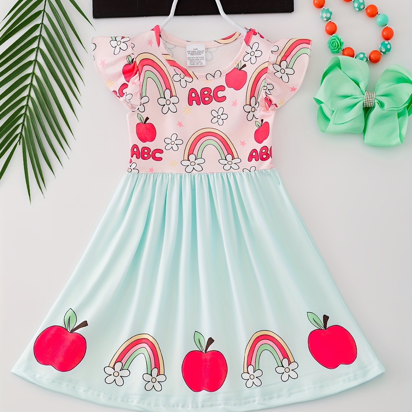 

Back-school Girls Cute Fruit & Alphabet Print Ruffle Sleeve Holiday Casual Dress