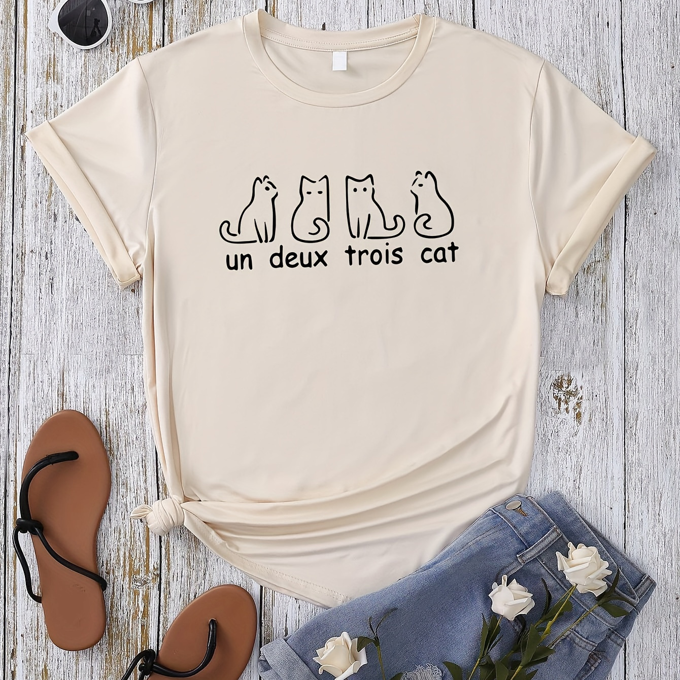 

Cat & Letter Print Summer T-shirt, Cute Short Sleeve Crew Neck Top, Women's Clothing