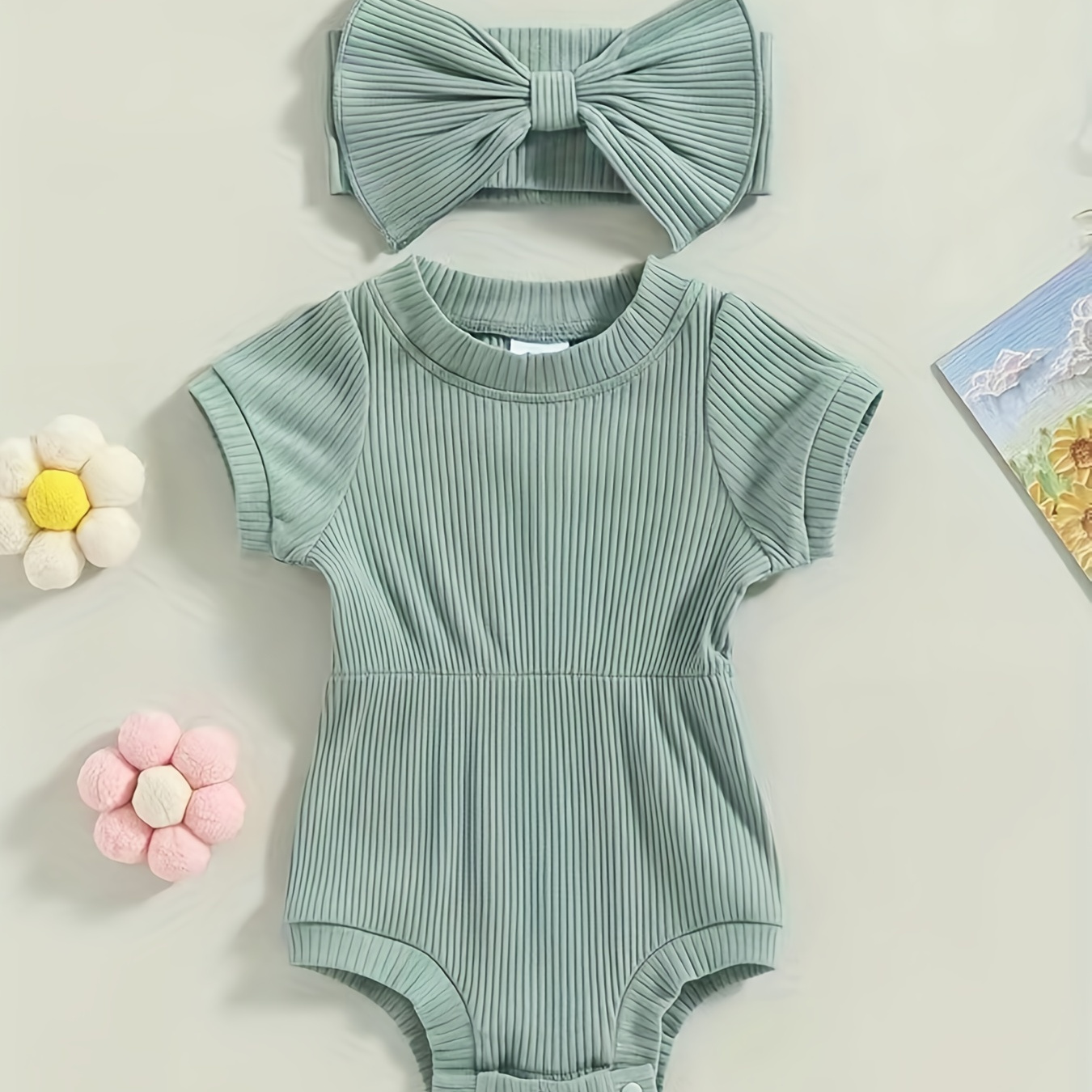 

Baby Girls Casual Trendy Simple Ribbed Onesie & Bow Headband Set For Summer Holiday