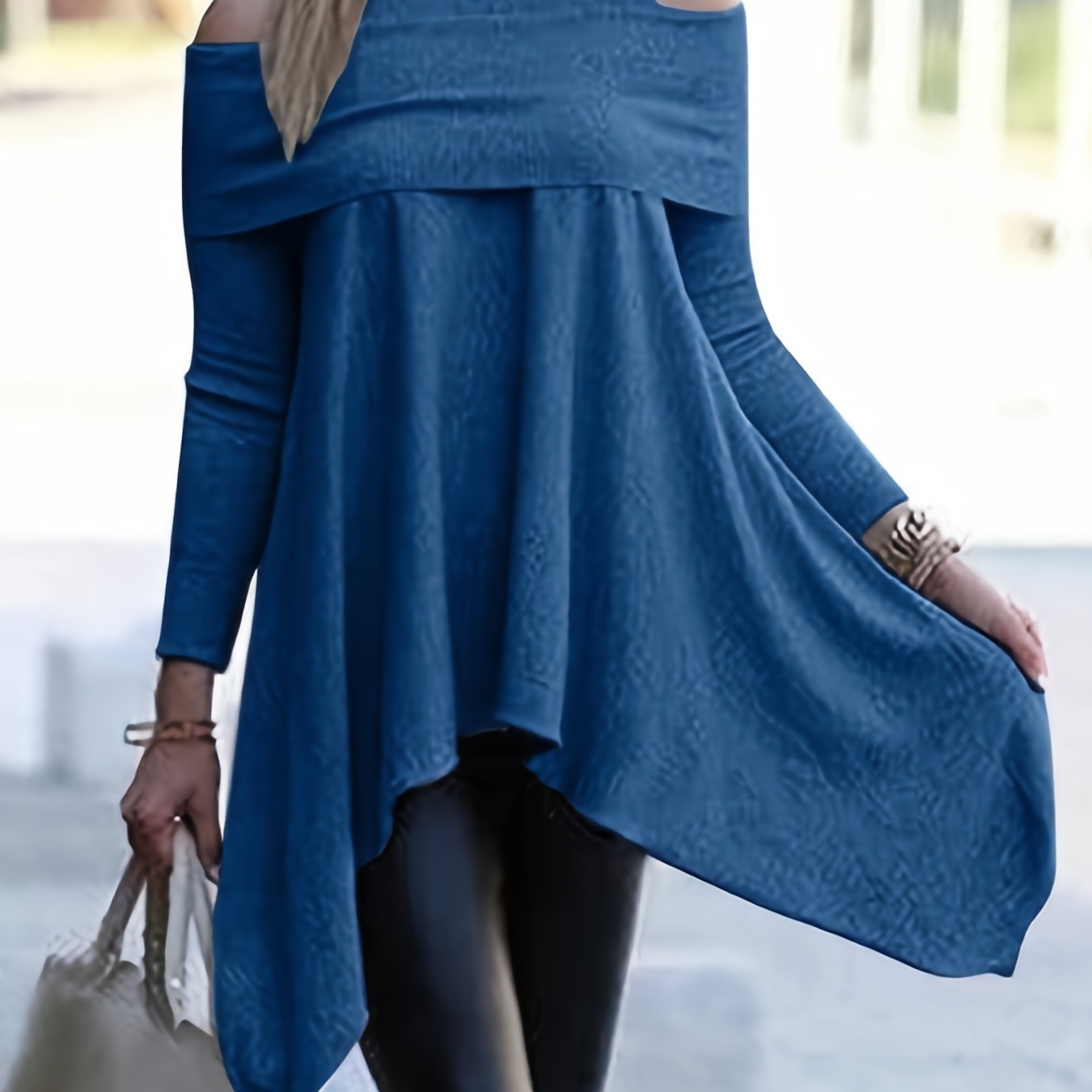 

Cold Shoulder Asymmetrical Tunics, Casual Crew Neck Ruched Solid Tunics, Women's Clothing