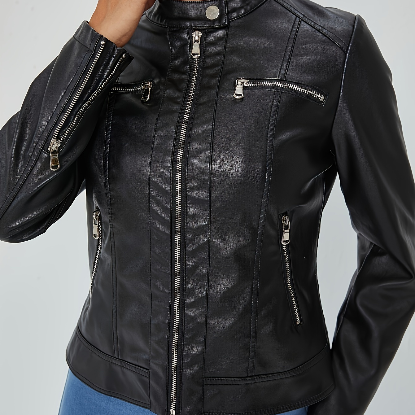 

Faux Leather Zip-up Biker Jacket, Stylish Long Sleeve Zipper Pockets Slim Jacket For Spring & Fall, Women's Clothing