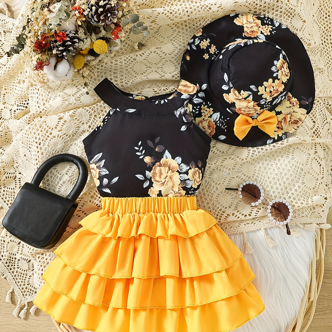 

2pcs Infant & Toddler's Trendy Summer Outfit, Floral Pattern Halter Neck Top & Hat & Tutu Skirt, Baby Girl's Clothes