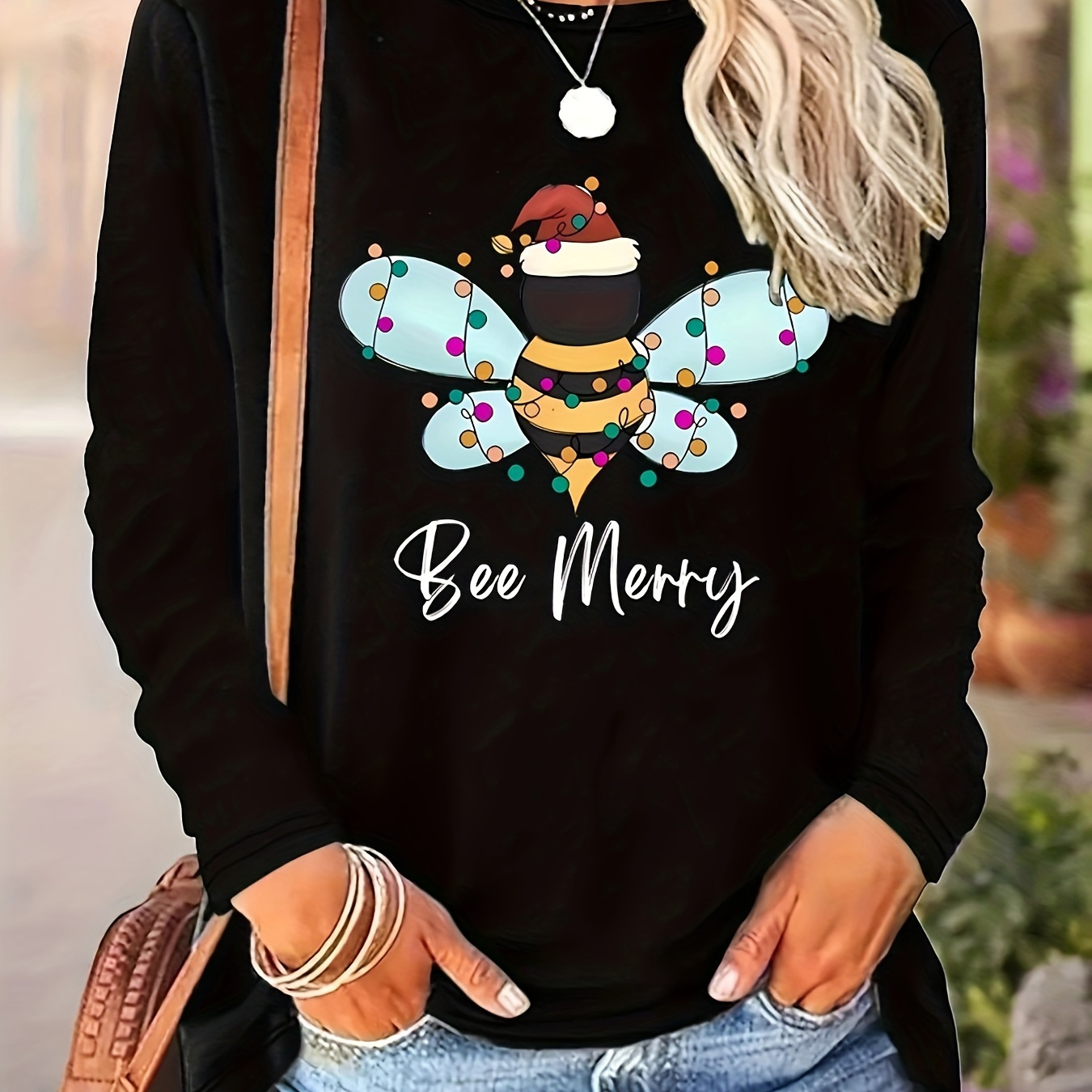 

Bee Merry Christmas Long Sleeve T-shirt For Women, Casual Crew Neck Knit Top, Polyester And Elastane For Spring/fall