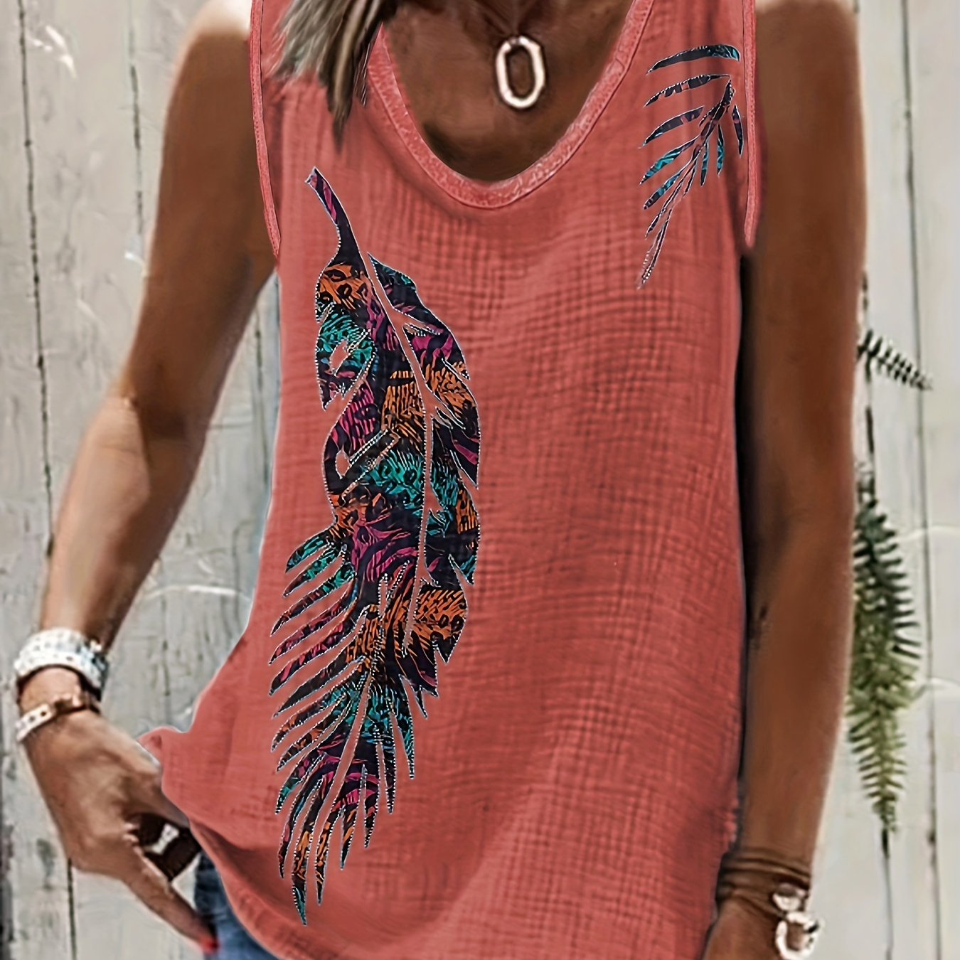 

Western Feather Print Tank Top, Sleeveless Crew Neck Tank Top, Casual Every Day Tops, Women's Clothing