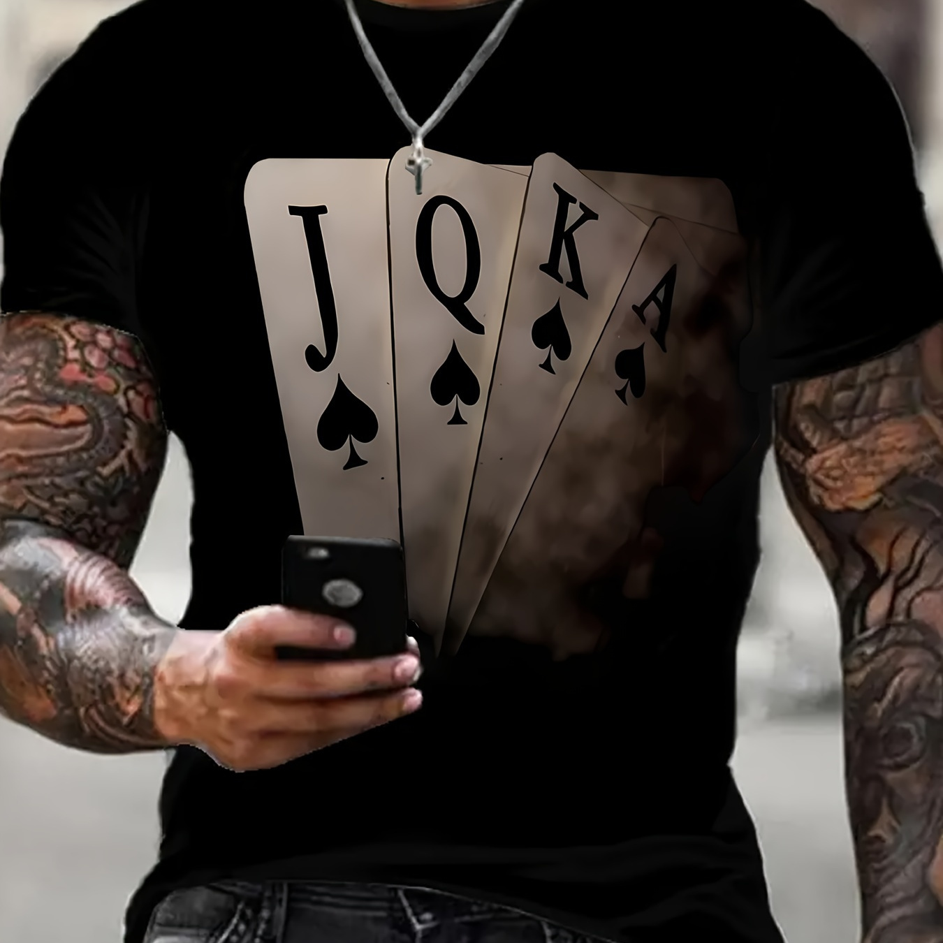 

Poker Printed T-shirt Men's Casual Style Summer And Autumn Slightly Elastic Round Neck T-shirt