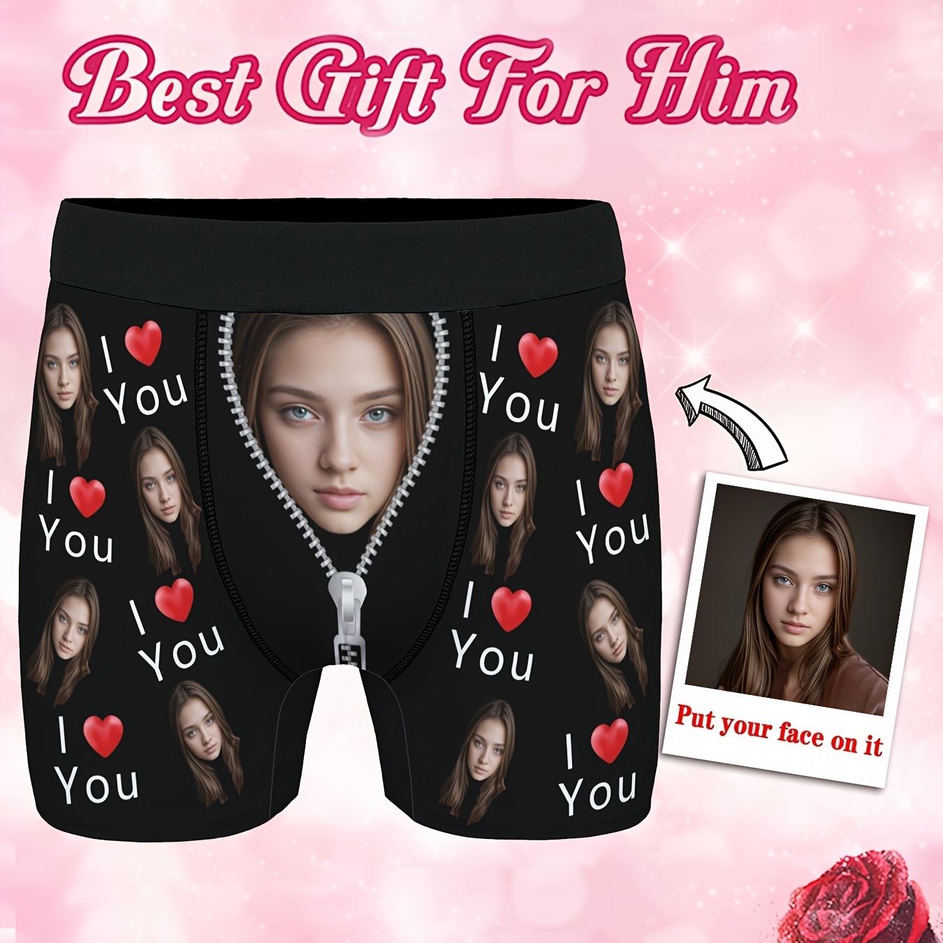 

Custom Men's Underwear With Face Photo Personalized For Boyfriend Husband, Zipper Print Fashion Boxer Briefs High Elastic Comfortable Underpants Holiday Gifts For Him