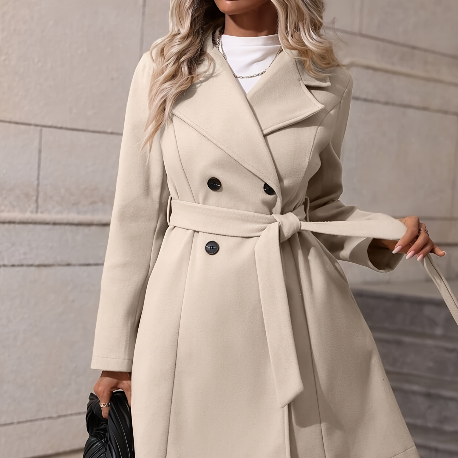 

Elegant Double-breasted Tweed Coat With Belt - Long Sleeve, Solid Color, Machine Washable - Fall/winter