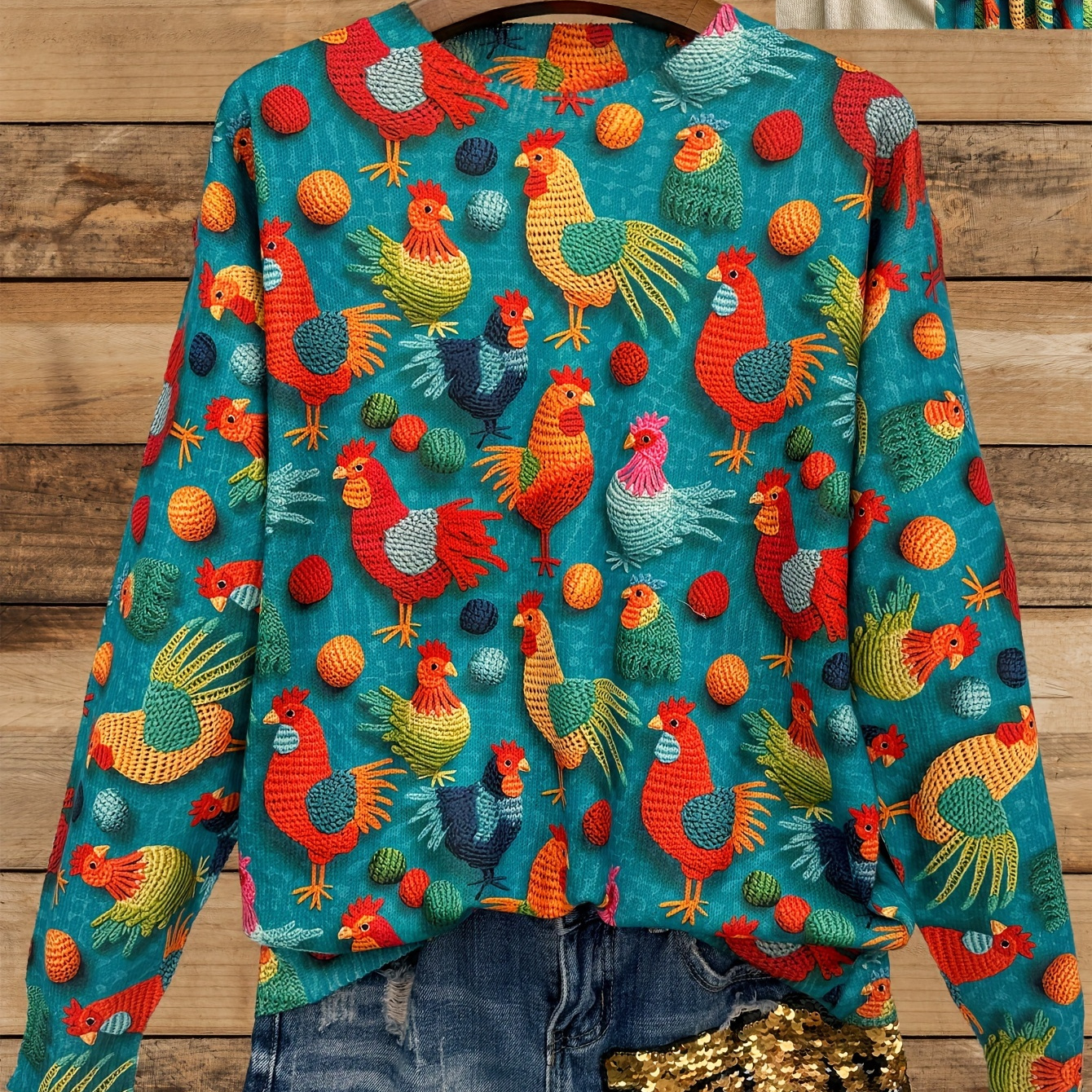 

Women's Casual Crew Neck Long Sleeve Sweater With 3d Chicken Print, 60% Polyester 40% Spandex Knit Fabric, Stretch, Fit