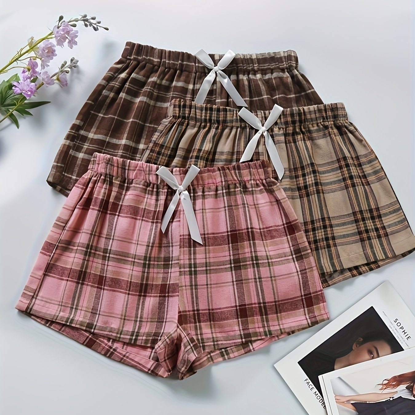 

Plaid Bow Front Shorts 3 Pack, Casual Elastic Waist Shorts For Spring & Summer, Women's Clothing