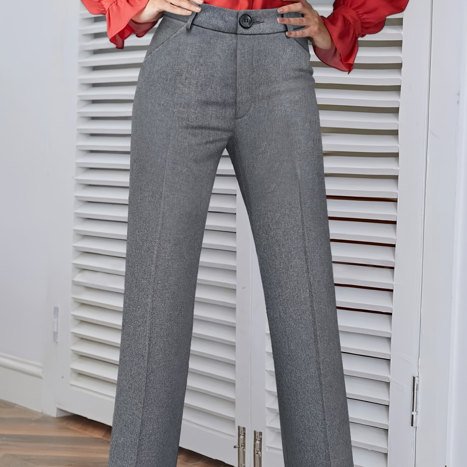 

Elegant High-waisted Women's Straight Leg Trousers - Woven Polyester & Acrylic , Solid Color, Button Detail, Office Wear Pants For Fall/winter