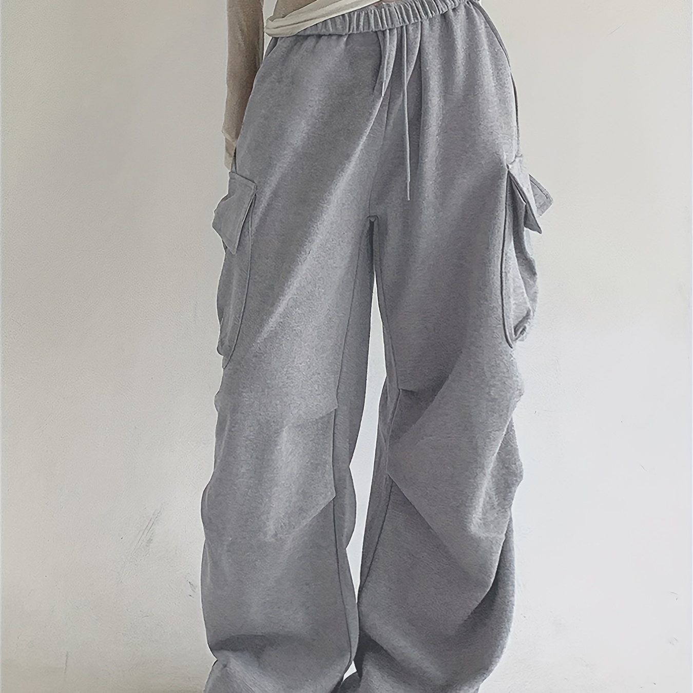 Solid Pocket Straight Leg Pants, Casual Drawstring Elastic Waist Pants, Women's Clothing