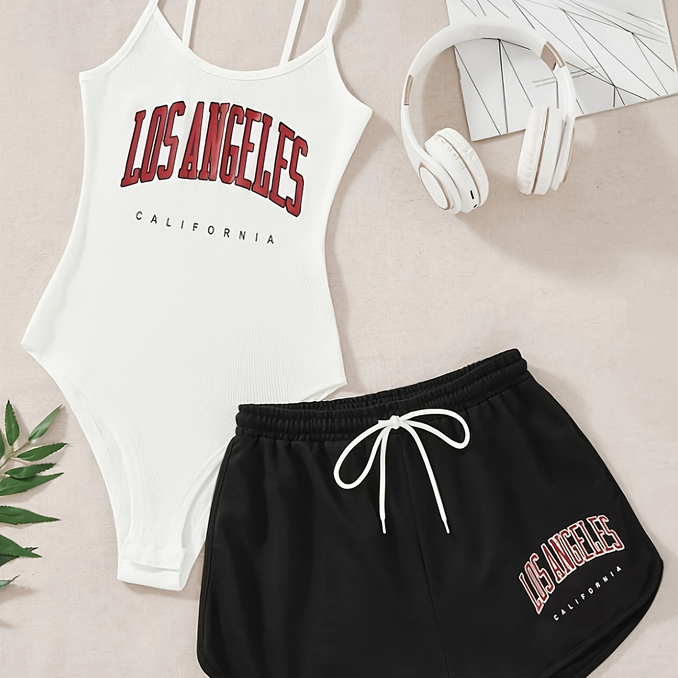 

Los Angeles Letter Print Casual Two-piece Set, Cami Bodysuit & Drawstring Waist Shorts Outfits, Women's Clothing