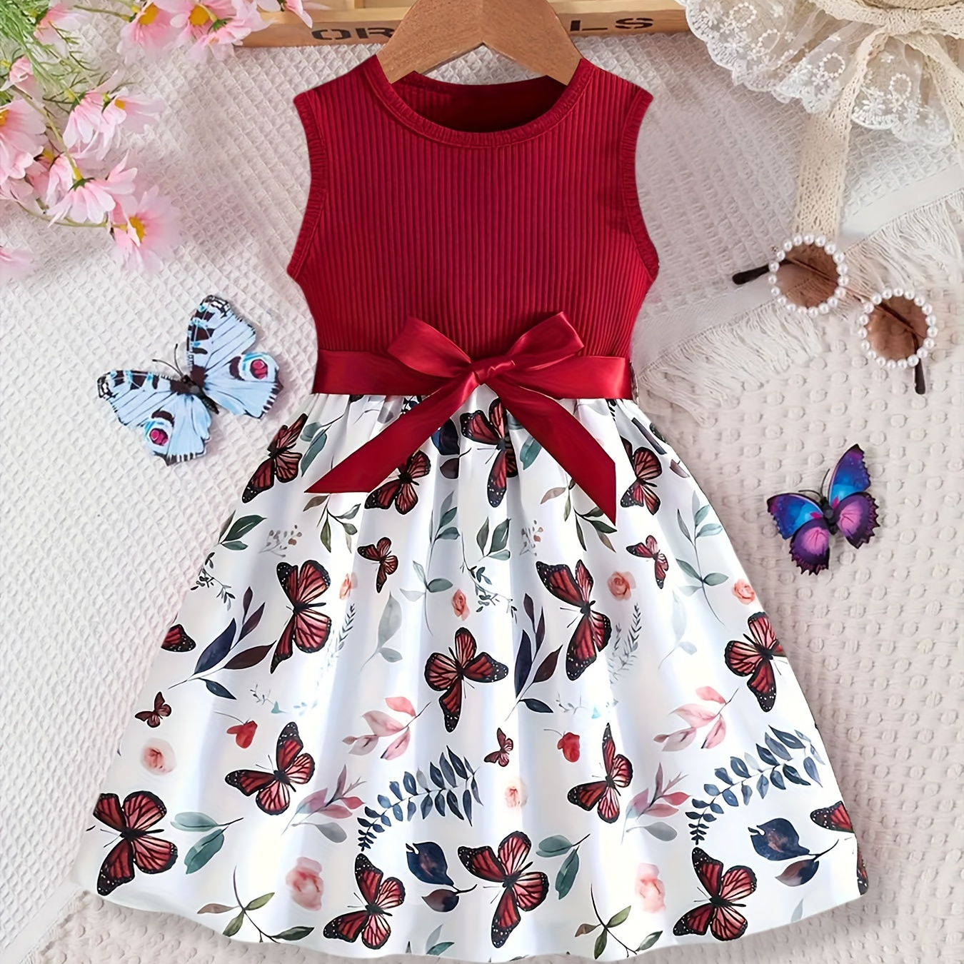 

Girls Stylish & Casual Rib Knit Sleeveless Belted Butterflies Pattern Dress For Spring & Summer