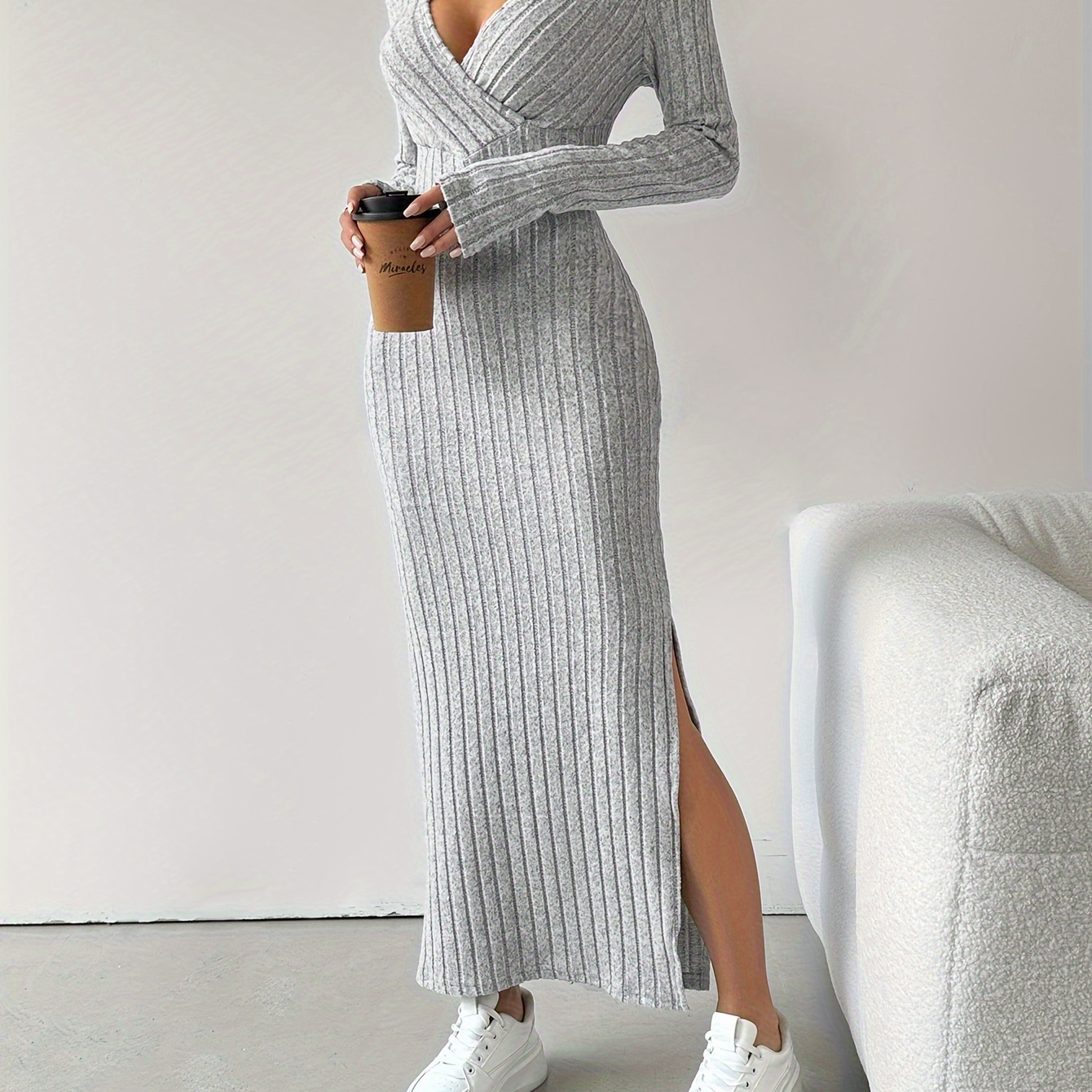 

Solid Color V-neck Split Dress, Elegant Long Sleeve Bodycon Dress For Spring & Fall, Women's Clothing