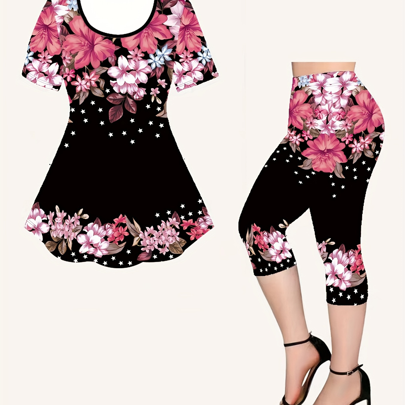 

Floral Print Summer & Spring Casual Two-piece Set, U Neck Short Sleeve Top & Capri Pants Outfits, Women's Clothing
