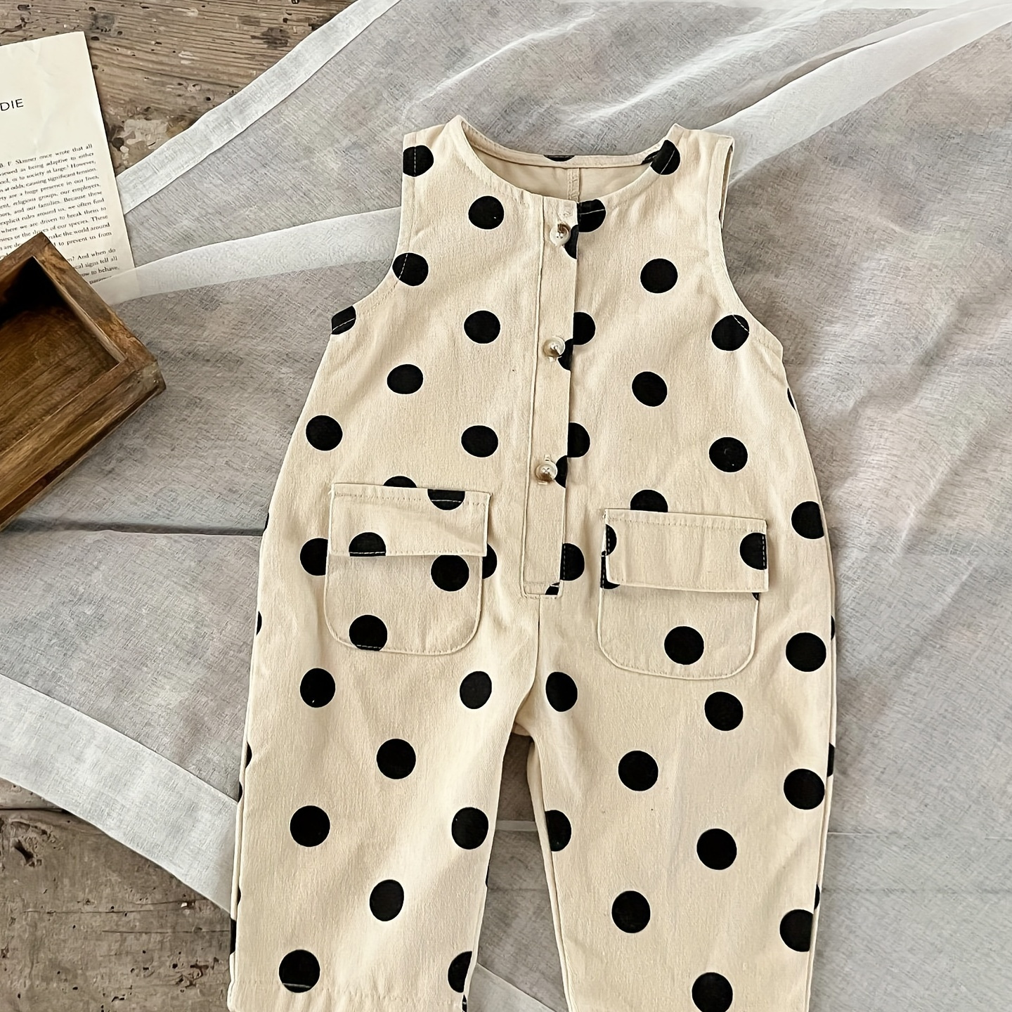 

Infant Baby Girls Sleeveless Round Neck Romper Cotton Polka Dot Button Pocket Jumpsuit Overalls Toddler Summer Clothes