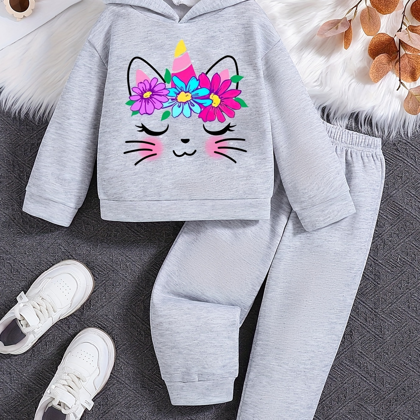 

Cozy & Cute Girls' Hoodie And Joggers Set - Cat & Floral Print, Soft Polyester, Fall/winter