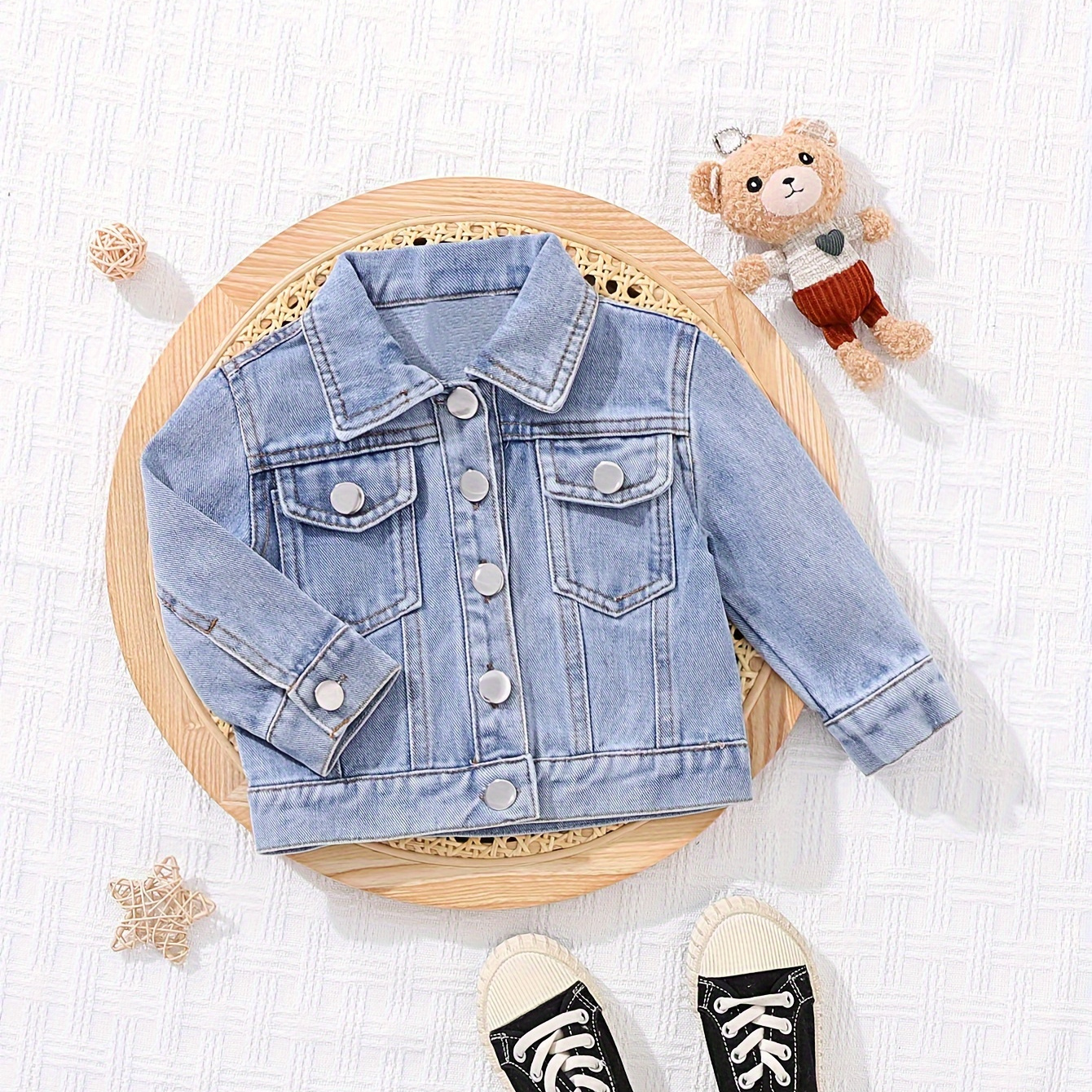 

Baby's Casual Pocket Patched Denim Jacket, Button Front Long Sleeve Coat, Infant & Toddler Girl's Clothing For Spring