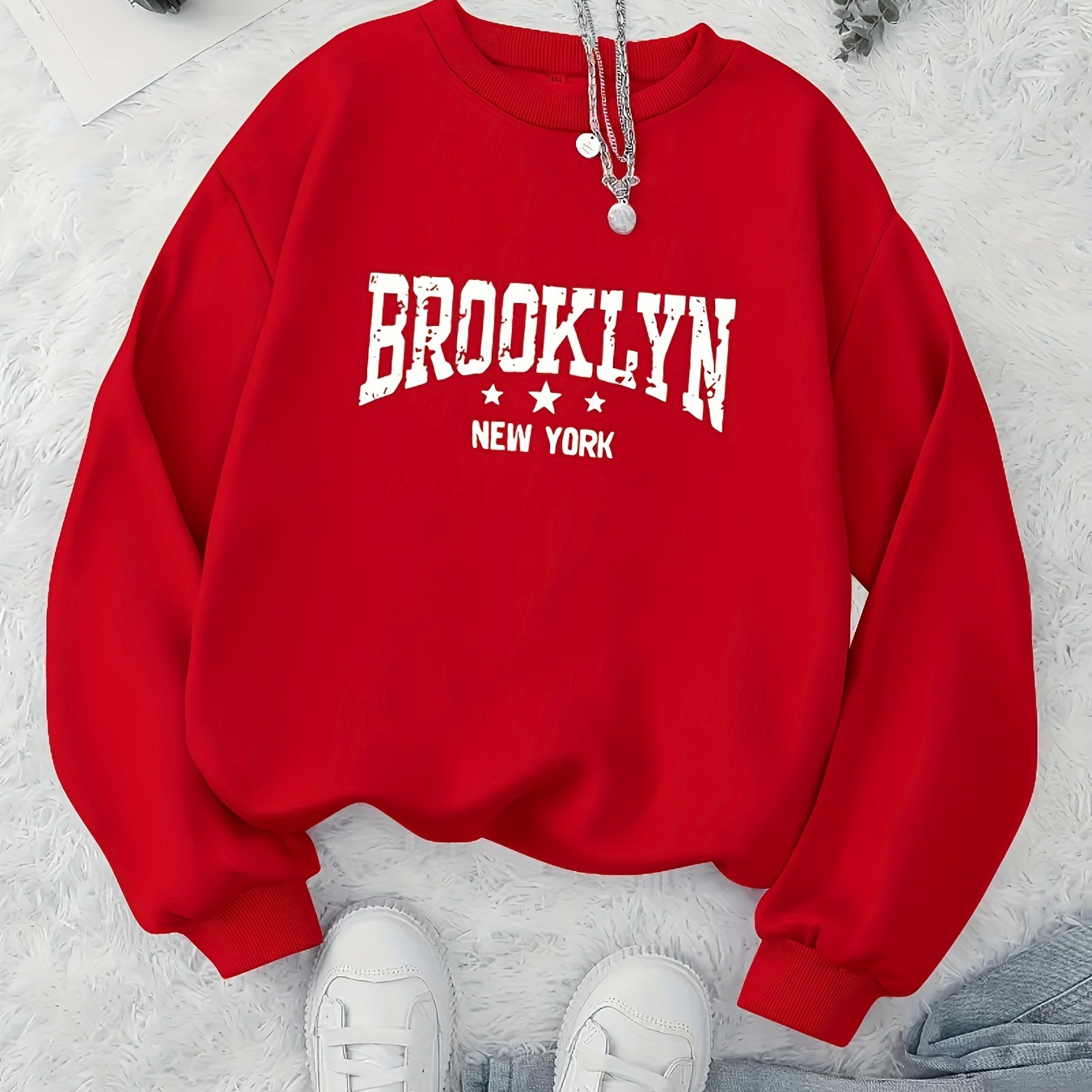 

Brooklyn Print Pullover Sweatshirt, Casual Long Sleeve Crew Neck Sweatshirt For Fall & Winter, Women's Clothing