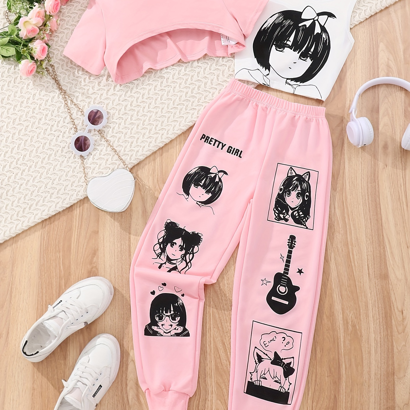 

3 Pcs Anime Graphic Tank Top + Jogger Pants + Crop Tee Girls Set - Versatile For Summer & Casual Outings