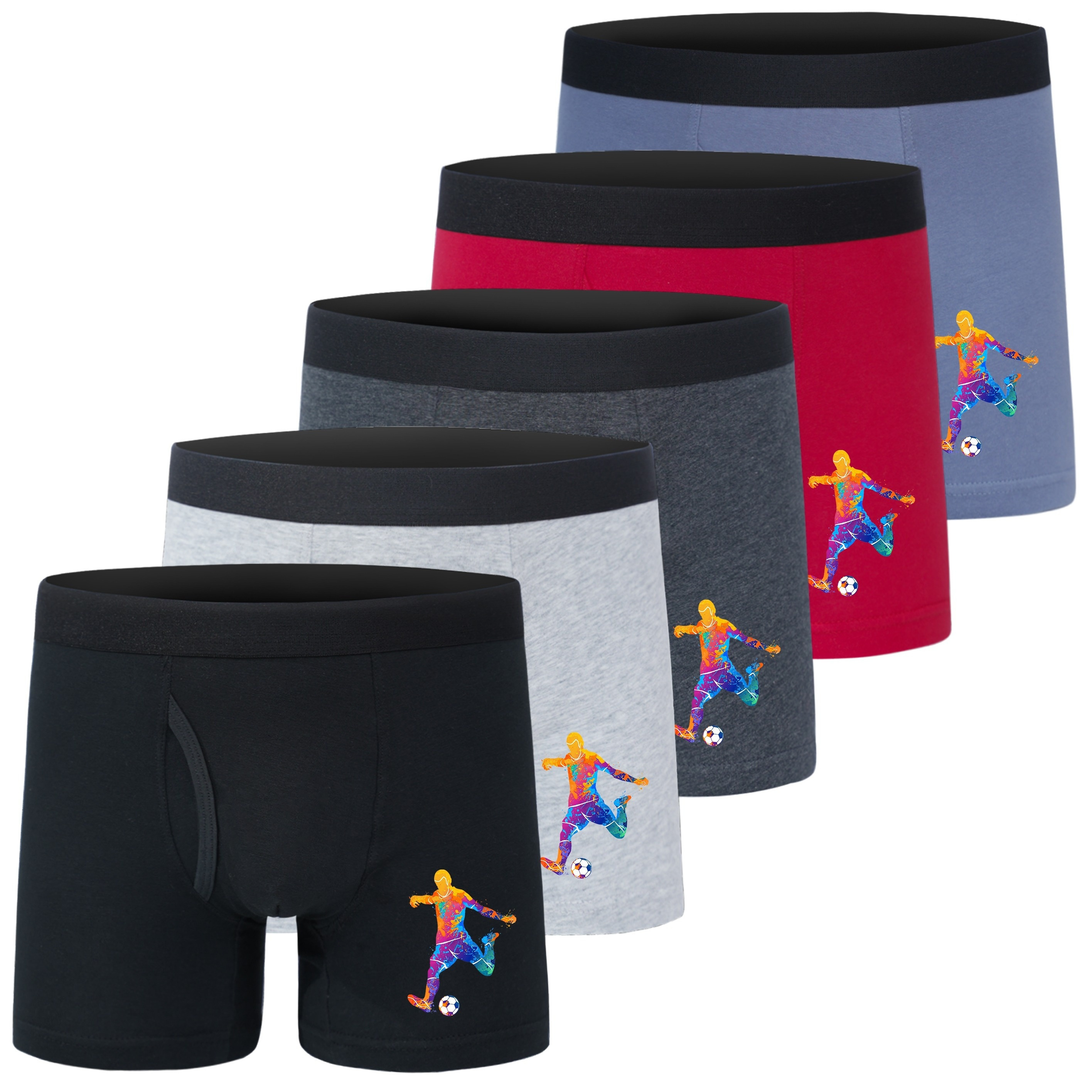 

5pcs Cartoon Athlete Print Boys' Boxer Briefs Set, Boys Half Open Front Breathable Comfortable 95% Cotton Stretch Fashion Sports Underwear