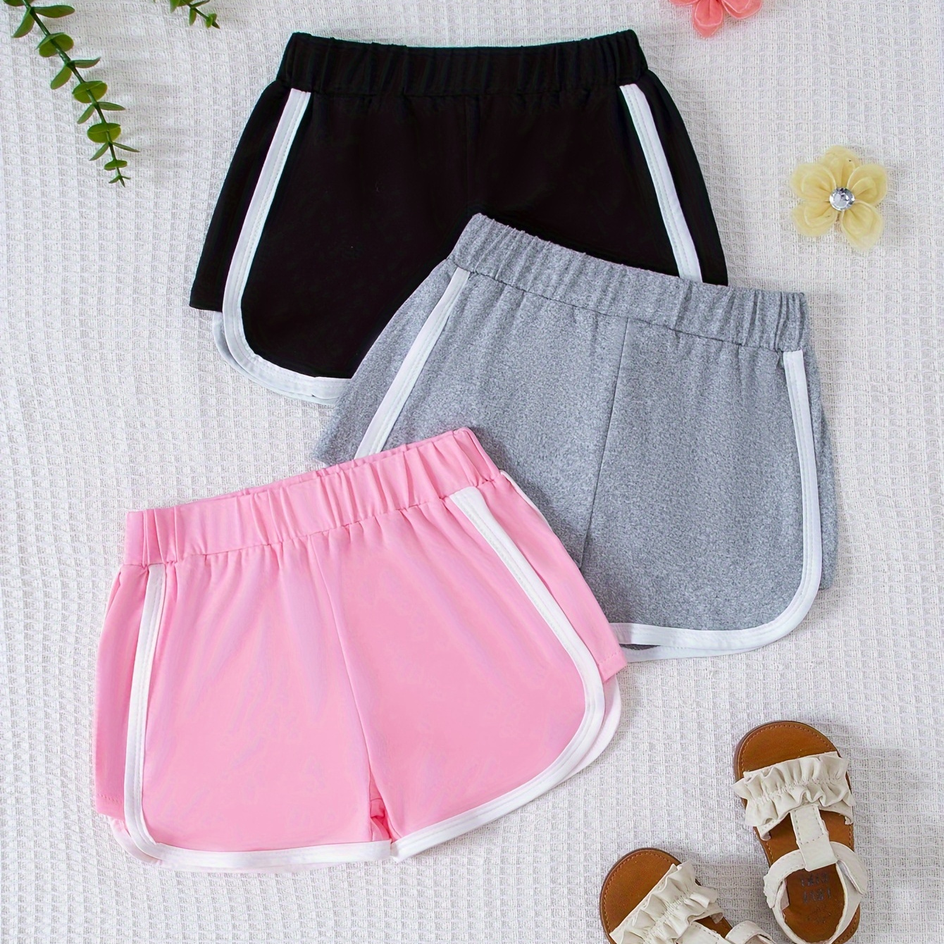 

3pcs Girls Splicing Elastic Waist Shorts Set Comfy Shorts For Sports Gift