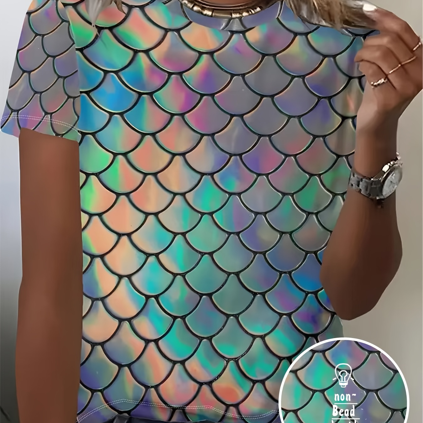 

Women's Iridescent Print T-shirt - Casual Short Sleeve, Round Neck, Stretchy Polyester , Machine Washable - Holographic Color, Ideal For Spring/summer, Summer Top| Pattern|