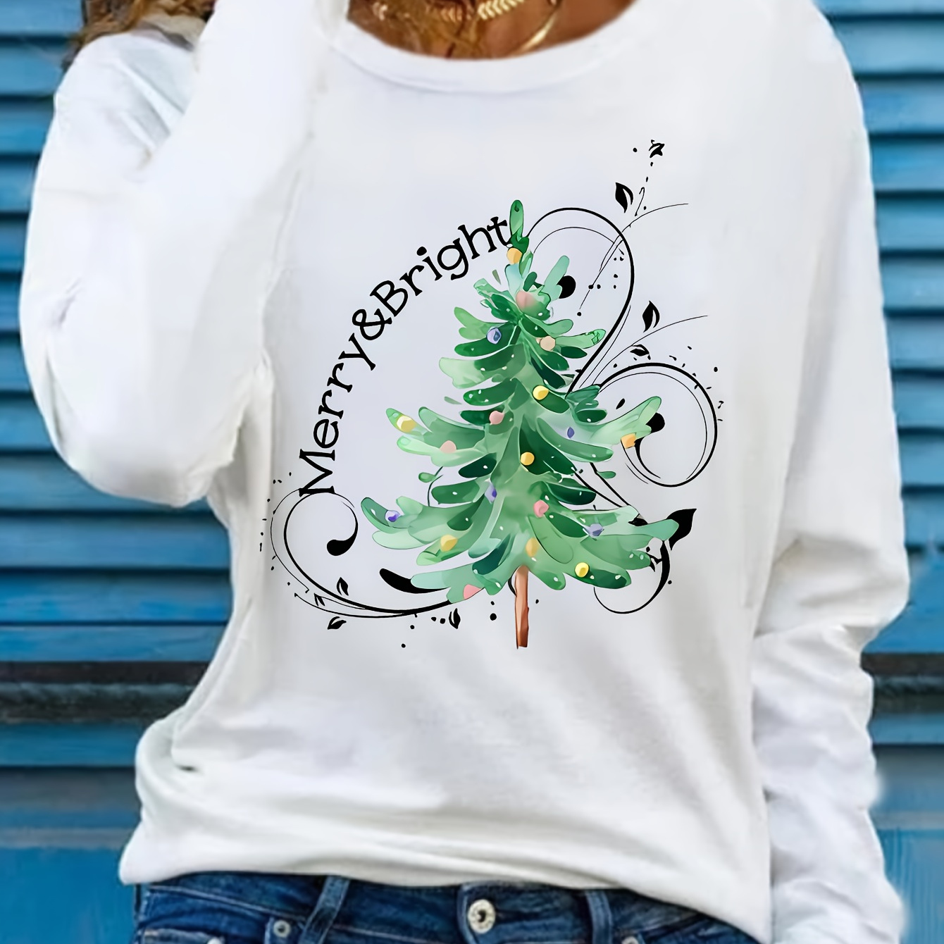 

Women's Casual Long Sleeve Crew Neck T-shirt With Festive Christmas Tree Print - Machine Washable Polyester, Spring & Fall, , T-shirt, Long Sleeve, Casual Top