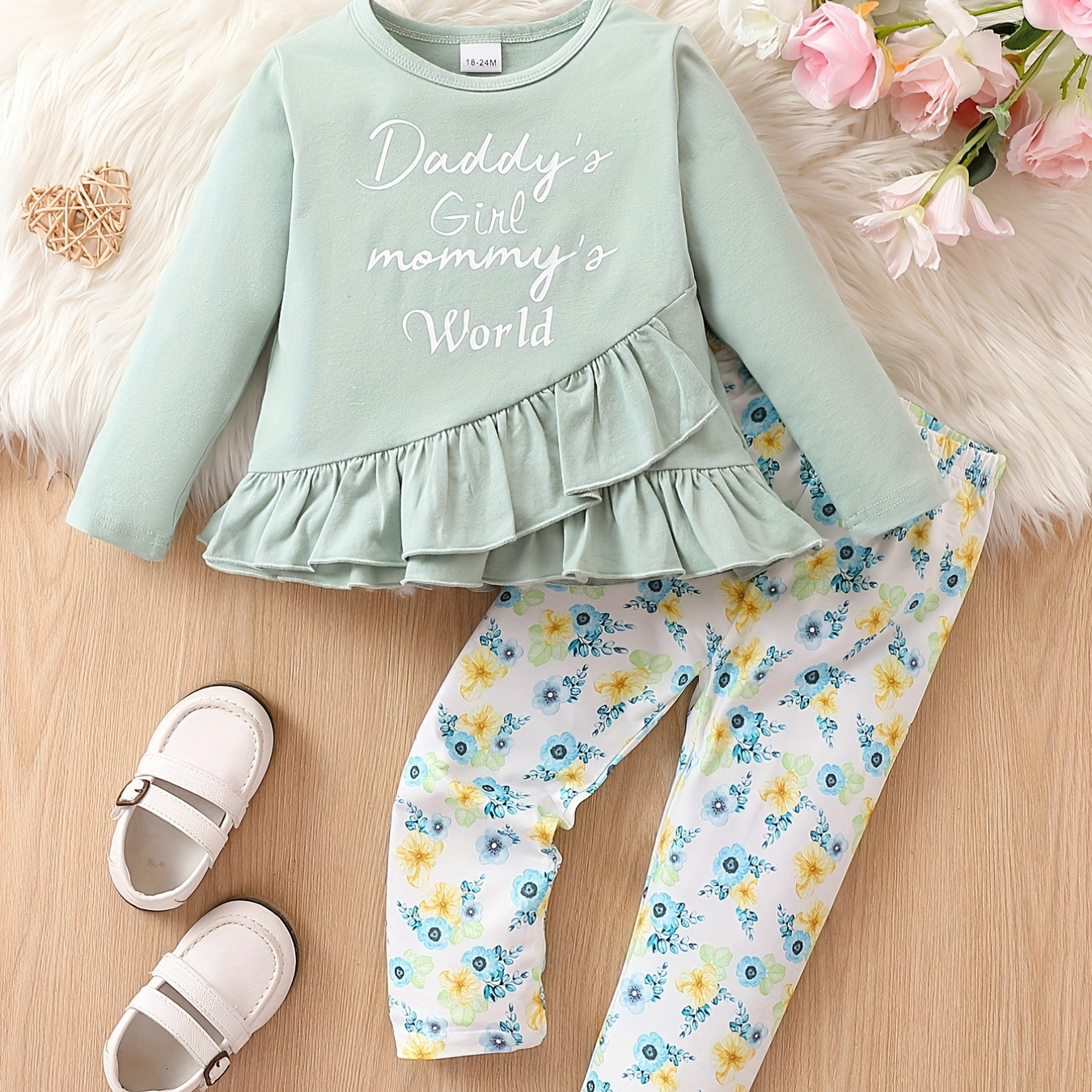 

3pcs Girl's Causal Outfit, Peplum Top & Headband & Floral Pattern Pants Set, Daddy's Girl Mommy's World Print, Toddler Kid's Clothes For Spring Fall