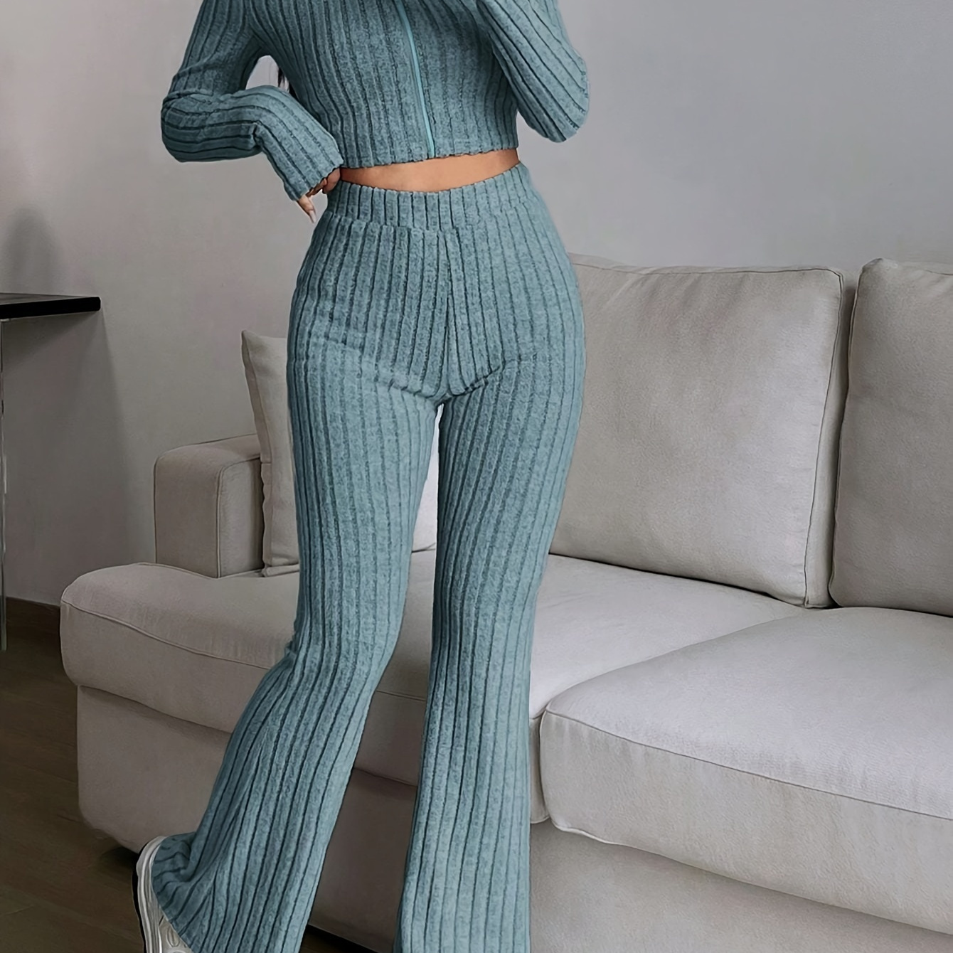 

Rib Knit Solid Color Casual Pantsuits, Full Zip Long Sleeve & High Waist Bootcut Leg Pants Outfits, Women's Clothing