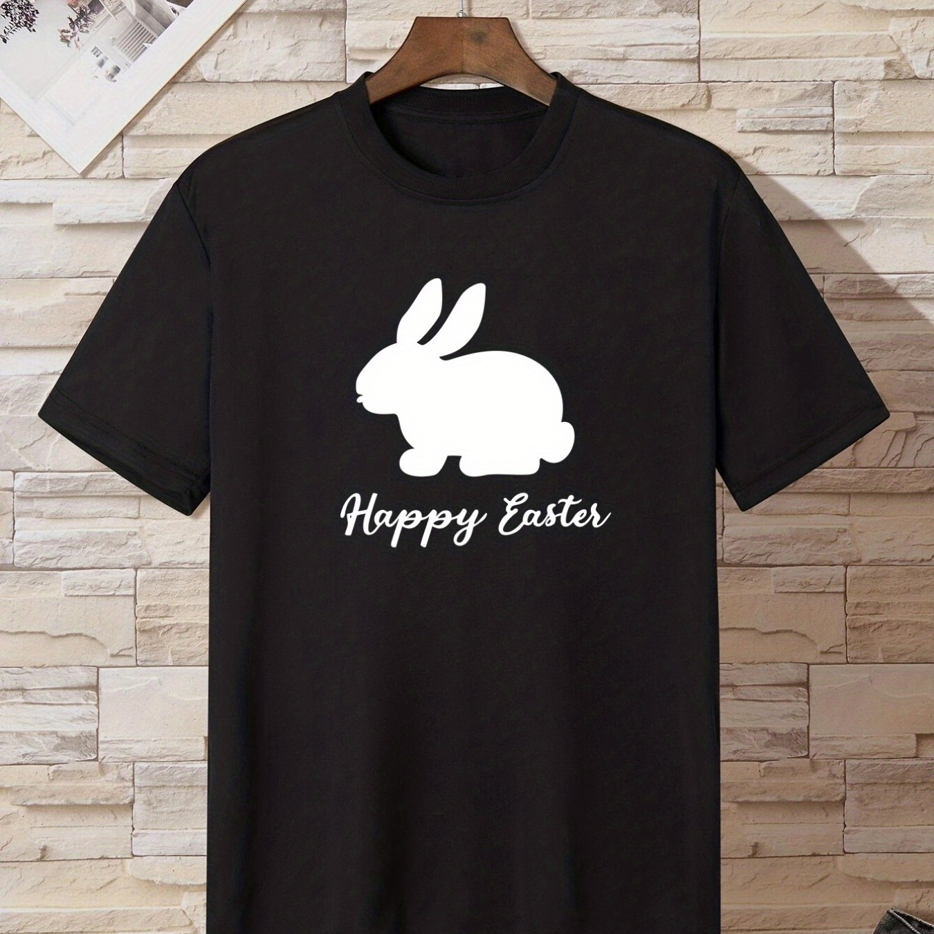

'happy Easter' Bunny, Men's Casual Slightly Stretch Crew Neck Graphic Tee, Male Clothes For Easter