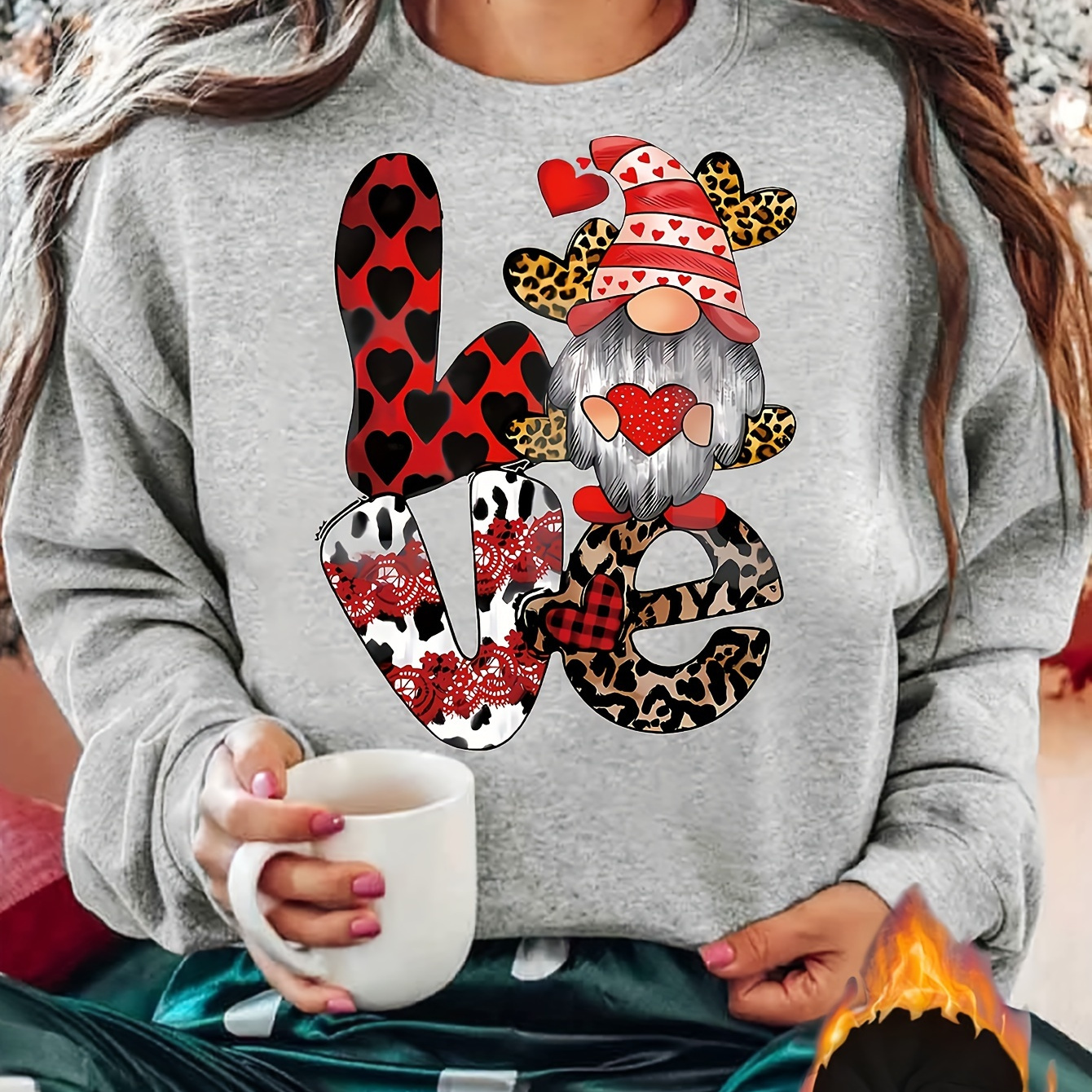 

Christmas Themed Gnome Love Sweatshirt For Women - Casual Polyester Knit Fabric With Embroidered Gnome Design, Round Neck, Warm Fall/winter Hoodie