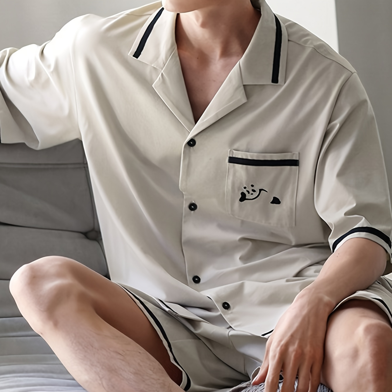 

Men's 2pcs/set Causal Comfy Home Wear Pajamas, Short Sleeve Lapel Shirt & Loose Shorts For Spring & Summer, Men's Clothing