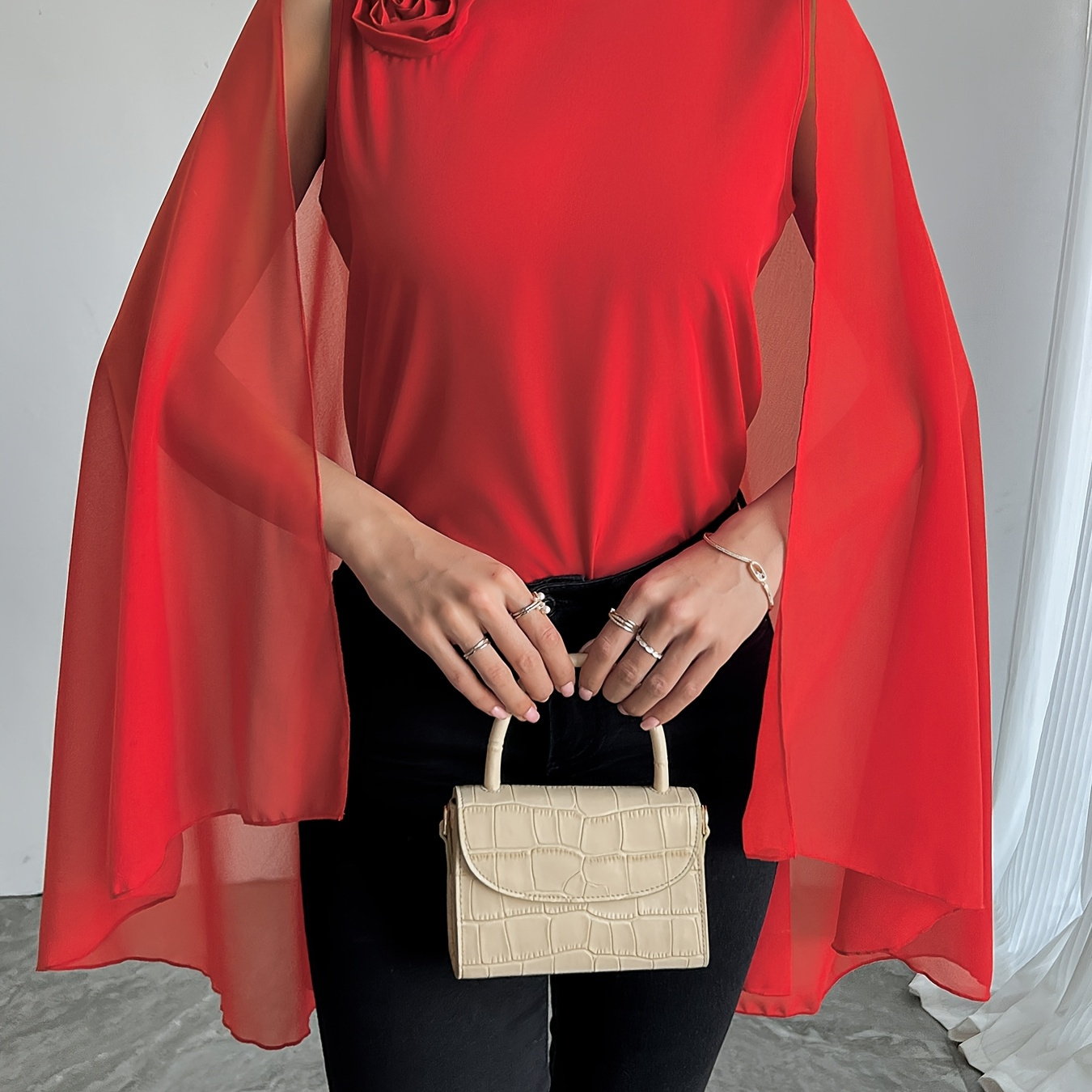 

1pc Elegant Red Short Sleeve Cape Shirt For Women, Polyester 95% Elastane 5 Neck Solid Color Woven Blouse With Button Detail, Spring/summer/fall