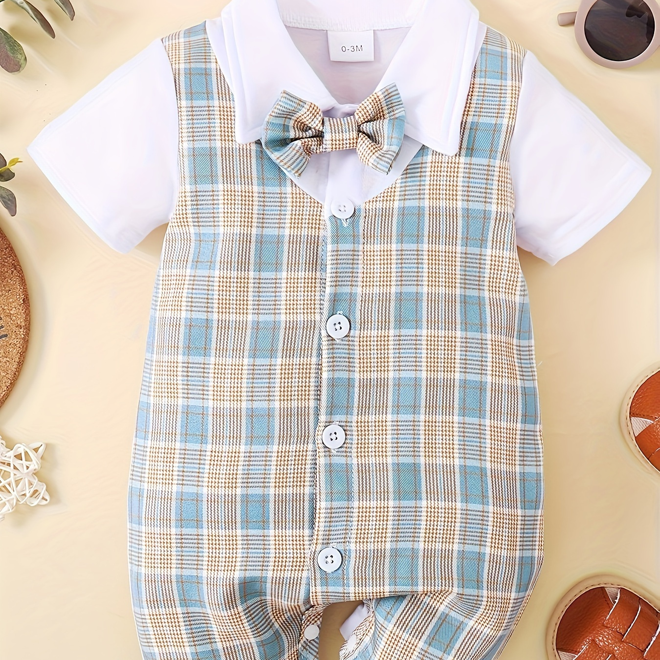 

Baby Boys' Cute Style Short Sleeve Romper With Faux Collar, Plaid Patchwork, Front Button Detail And Bow Tie