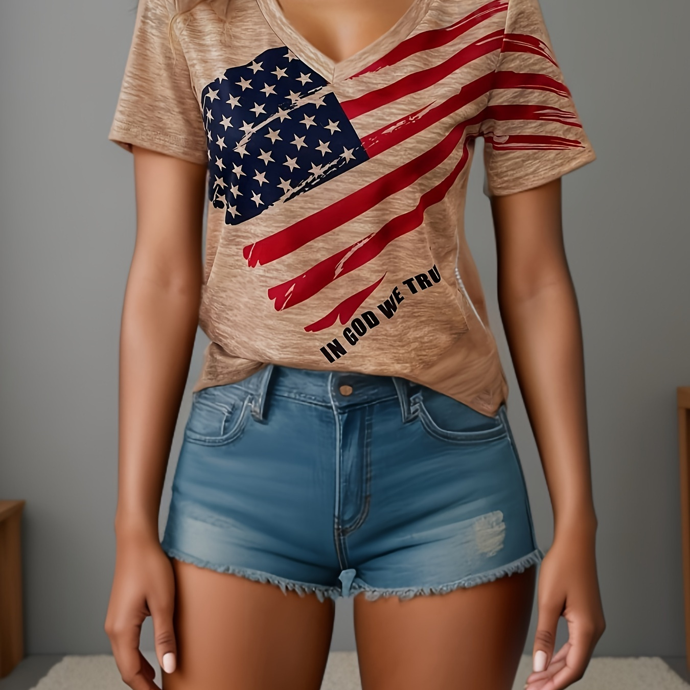 

T-shirt à col en V avec motif du drapeau américain, top décontracté à manches courtes pour le printemps et l'été, vêtements pour femmes